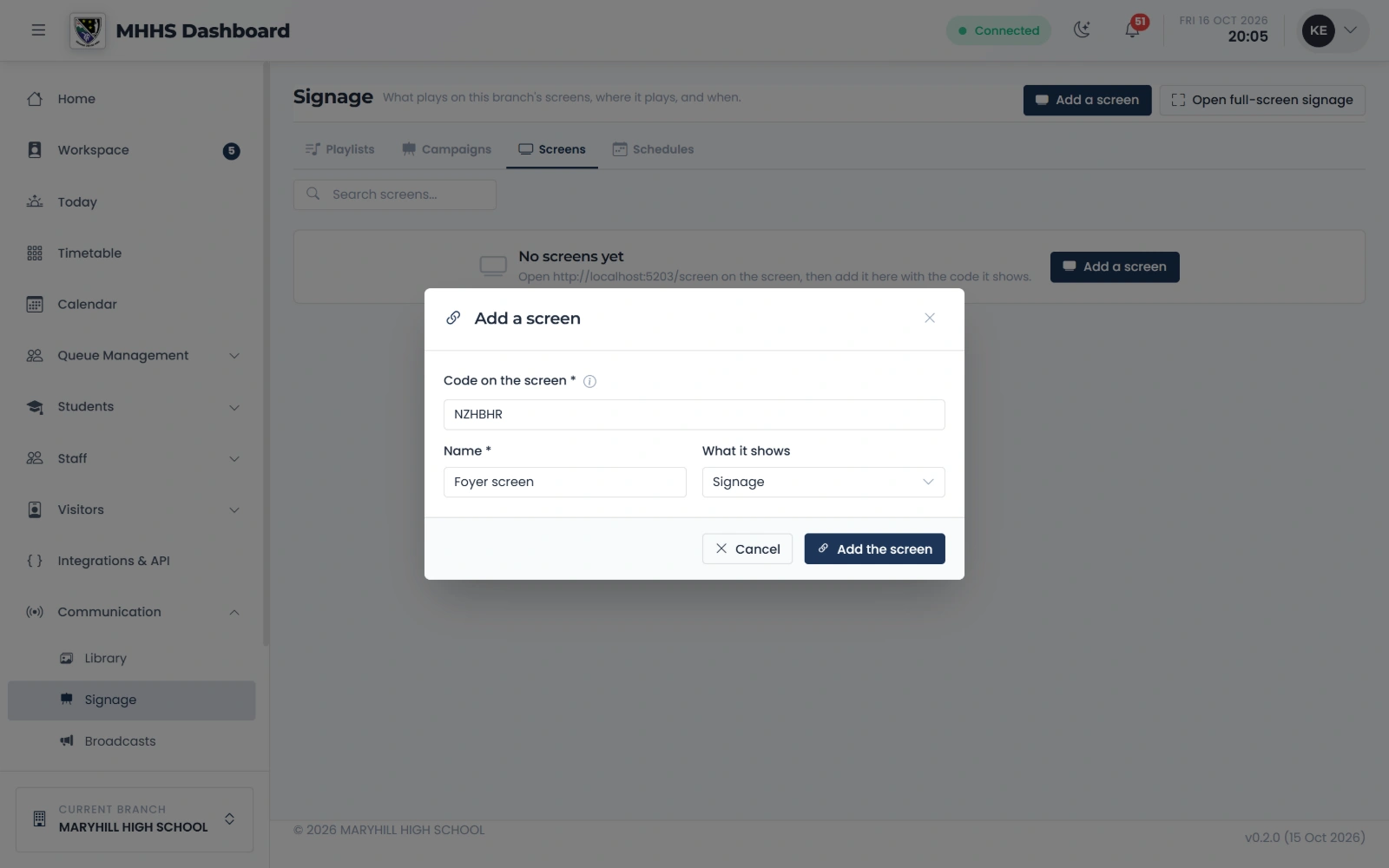 Add a screen with its code