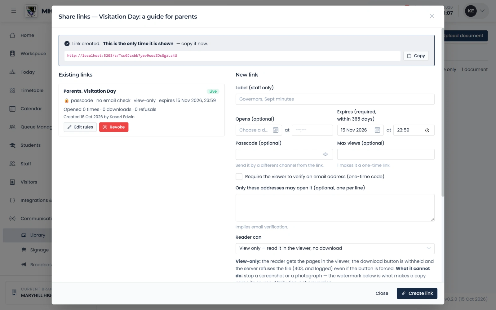 A secure link to a document