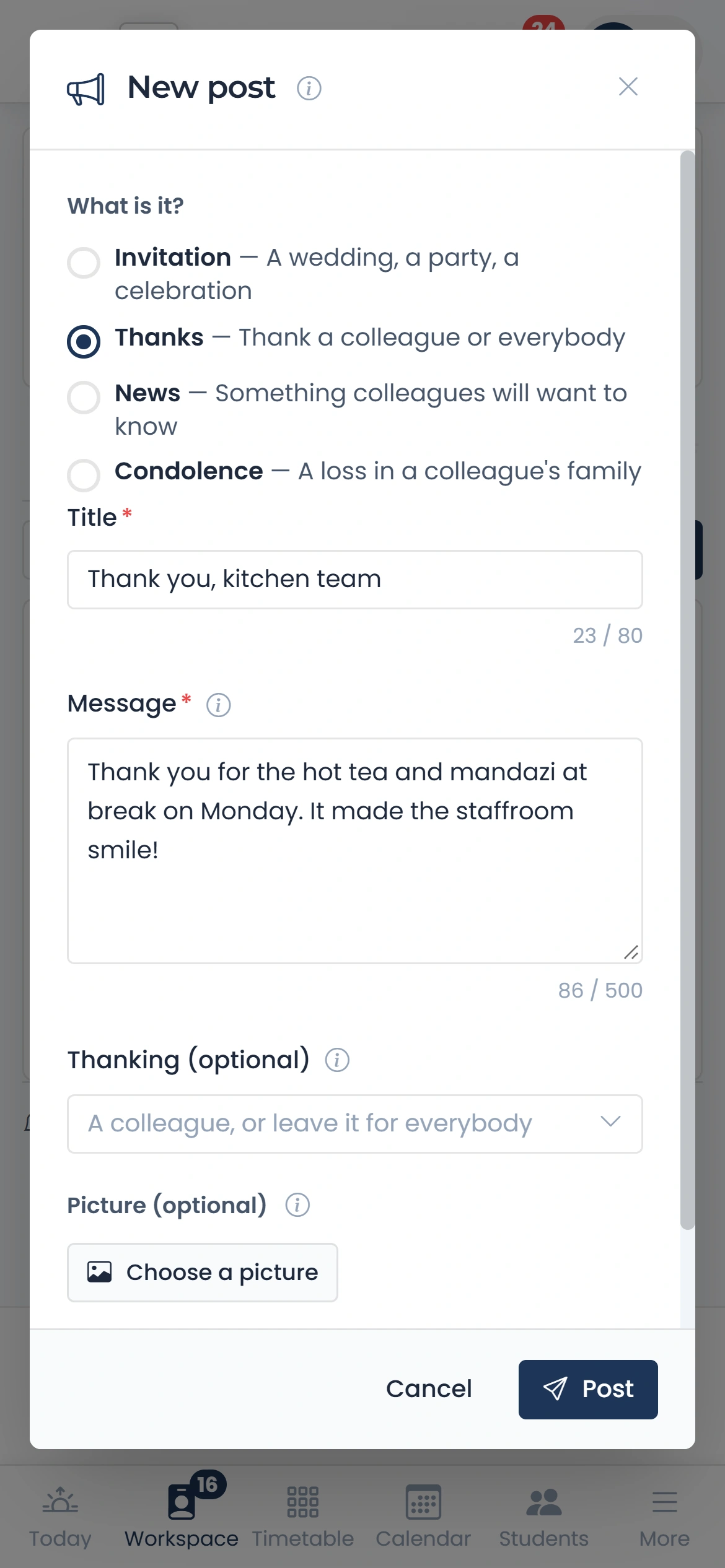 A thank-you, news, an invitation