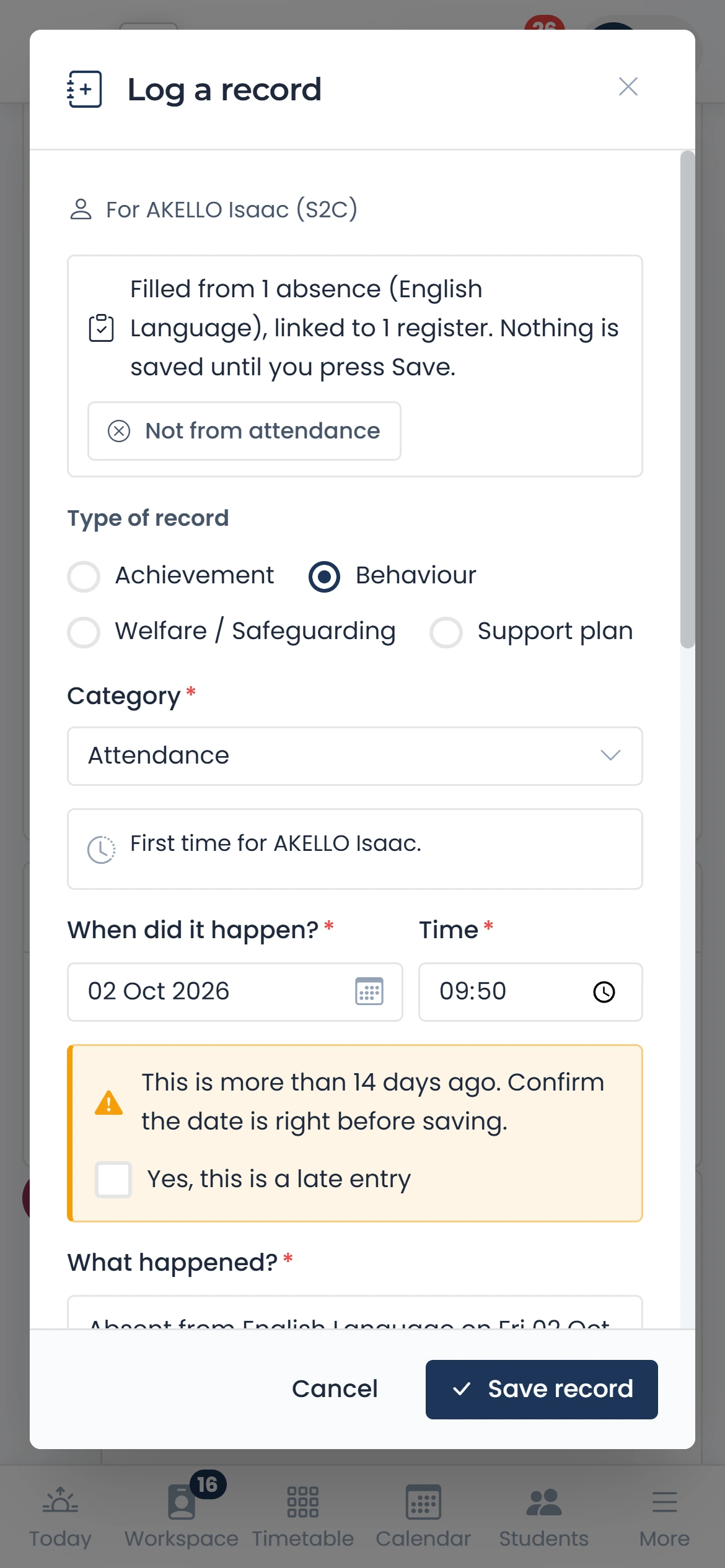 An attendance record