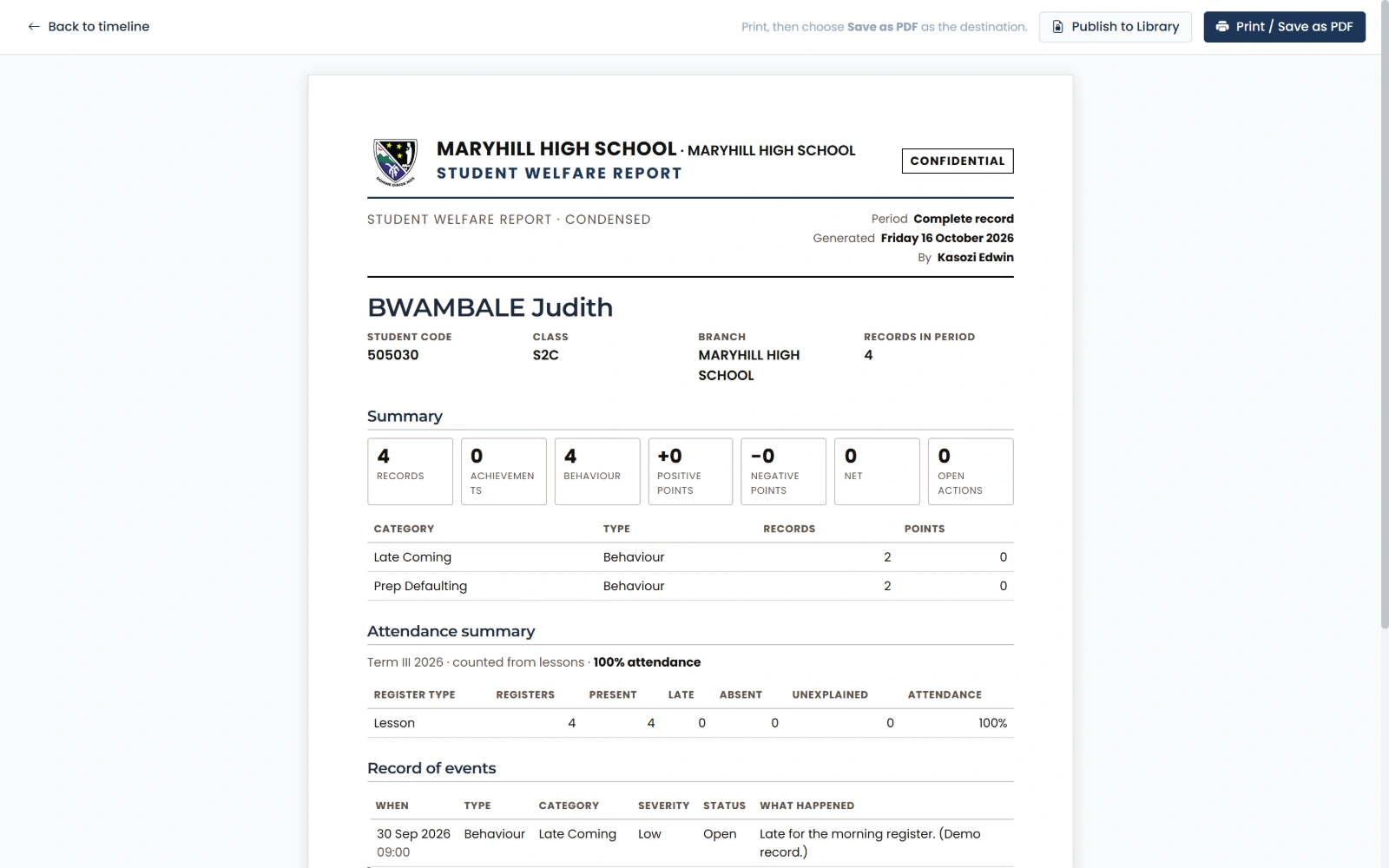 A printable report